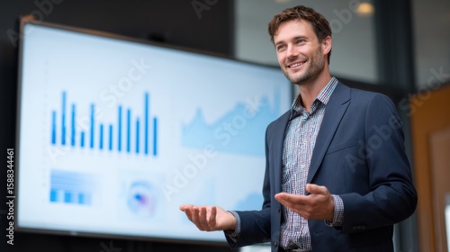 A confident man in a suit gestures while presenting data on a large screen in a modern office setting.