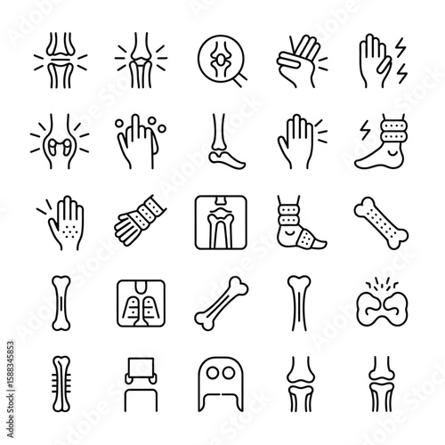 Collection of Black Line Icons Depicting Various Bone Fractures Joint Pains and Injuries Including Hands Knees Ankles and X Ray Images