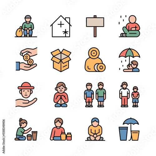 Colorful Vector Icons Depicting Poverty Homelessness Charity Donation and Child Begging Scenes Including Sad Children Sitting Alone Under Umbrellas Empty Boxes and Hands