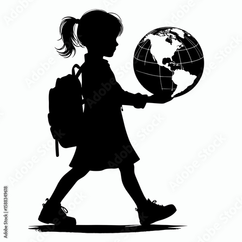 Silhouette of a schoolgirl walking with a globe in hand, purposeful mood, side view, isolated on white background with copy space