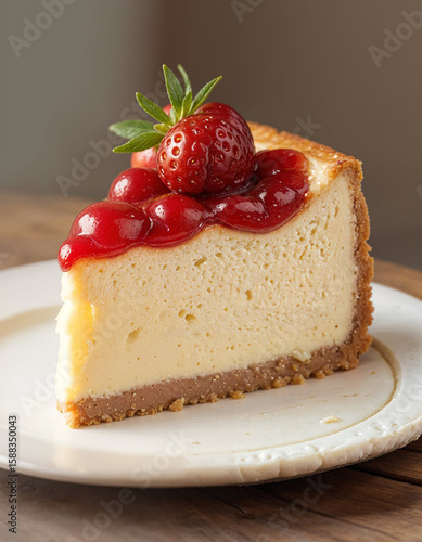 Strawberry Cheesecake Delight: A luscious slice of strawberry cheesecake sits on a pristine plate, ready to delight your senses. Fresh strawberries and a rich, creamy filling.