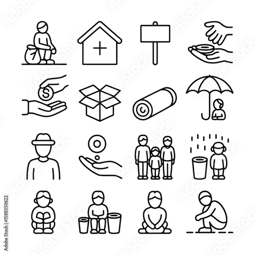 Collection of Black and White Line Art Icons Depicting Poverty Homelessness Charity and Donation
