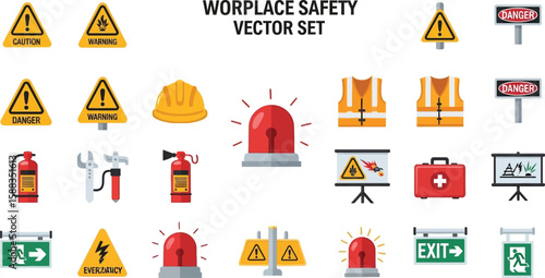 Collection of flat design icons representing workplace safety equipment and warnings.