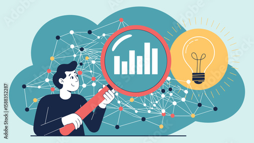 data analyst with magnifying glass discovering insights from network, vector illustration for data analytics, market research and business intelligence