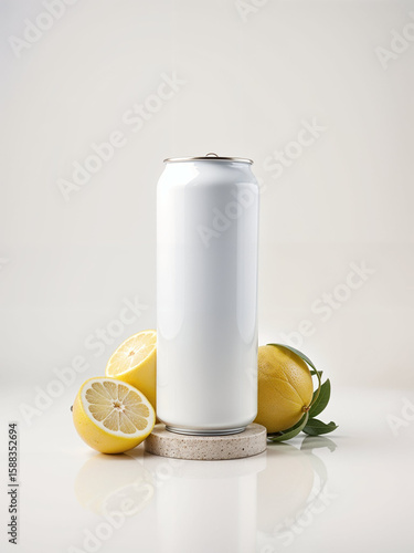 Cool Lemonade Refreshment: A sleek, white beverage can sits amidst ripe lemons, offering a visually refreshing composition, ideal for branding or product promotion.