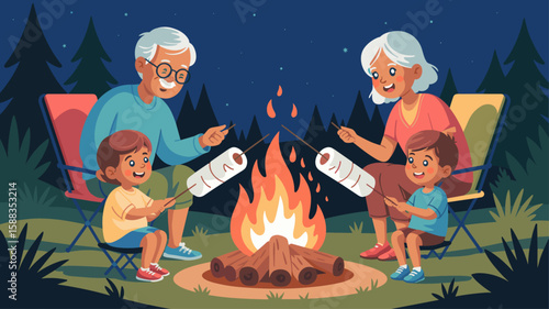 grandparents and grandchildren roasting marshmallows over a campfire vector illustration, family camping trip, intergenerational bonding and outdoor summer recreation
