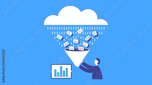 data analyst filtering cloud information through a funnel, vector illustration for big data analytics, information processing and business intelligence