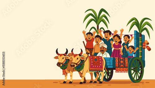 Pongal Festival Celebration with Bullock Cart Ride – Vector Illustration

