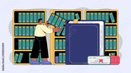 content strategist organizing files in a library archive  vector illustration, content strategy, governance and knowledge management