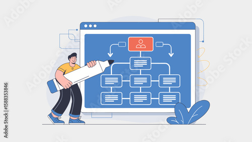 ux designer with large marker drawing organizational chart on screen vector illustration, creating sitemaps, information architecture and user flow planning