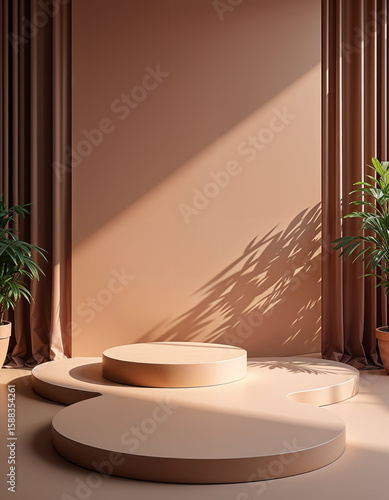 Earthy Tones Product Display: A minimalist product display featuring three circular platforms of varying heights, set against a muted terracotta backdrop. Sunlight streams in through sheer curtains.