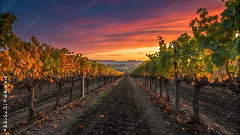 Naklejka premium Serene autumn vineyard at sunset; picturesque rows of grapevines bathed in warm, golden light.