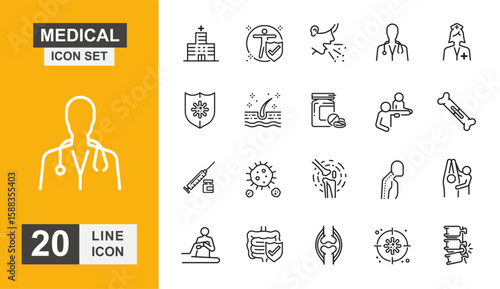 Medical icon set. Doctor, medicine, nurse, patient, diagnosis, hospital, illness and more line icon. Vector illustration.