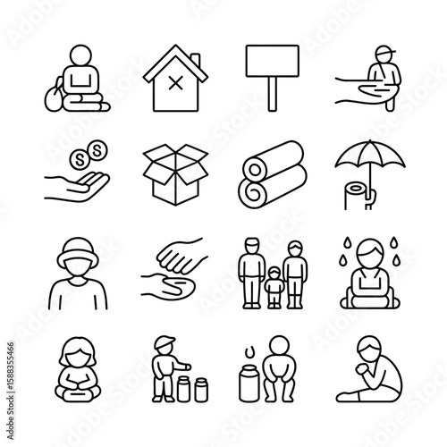 Collection of sixteen black linear icons depicting various aspects of homelessness poverty and charity including people receiving aid food shelter and donations