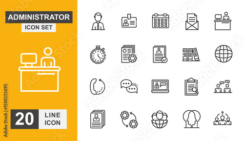 Administrator icon set. Employee, authority, interview, process, communication, internet and more line icon. Vector illustration.