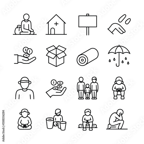 Collection of sixteen black linear icons depicting poverty homelessness charity donation family and despair on white background