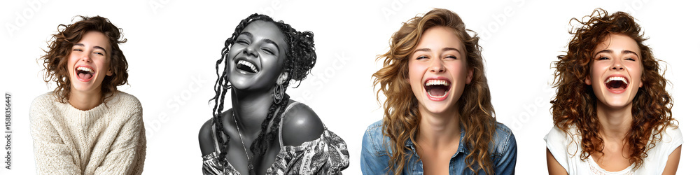 Diverse Group of Young Women Laughing Hysterically on White Background in Studio, Expressing Joy, Happiness, and Playfulness in a Variety of Styles Diverse Group of Young Women Laughing Hysterically on White Background in Studio, Expressing Joy, Happiness, and Playfulness in a Variety of Styles