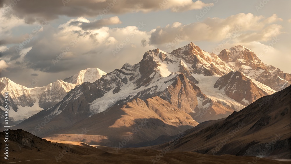 Fototapeta premium Majestic snow-capped mountain range at sunset, dramatic lighting, serene landscape, golden hour, panoramic view.