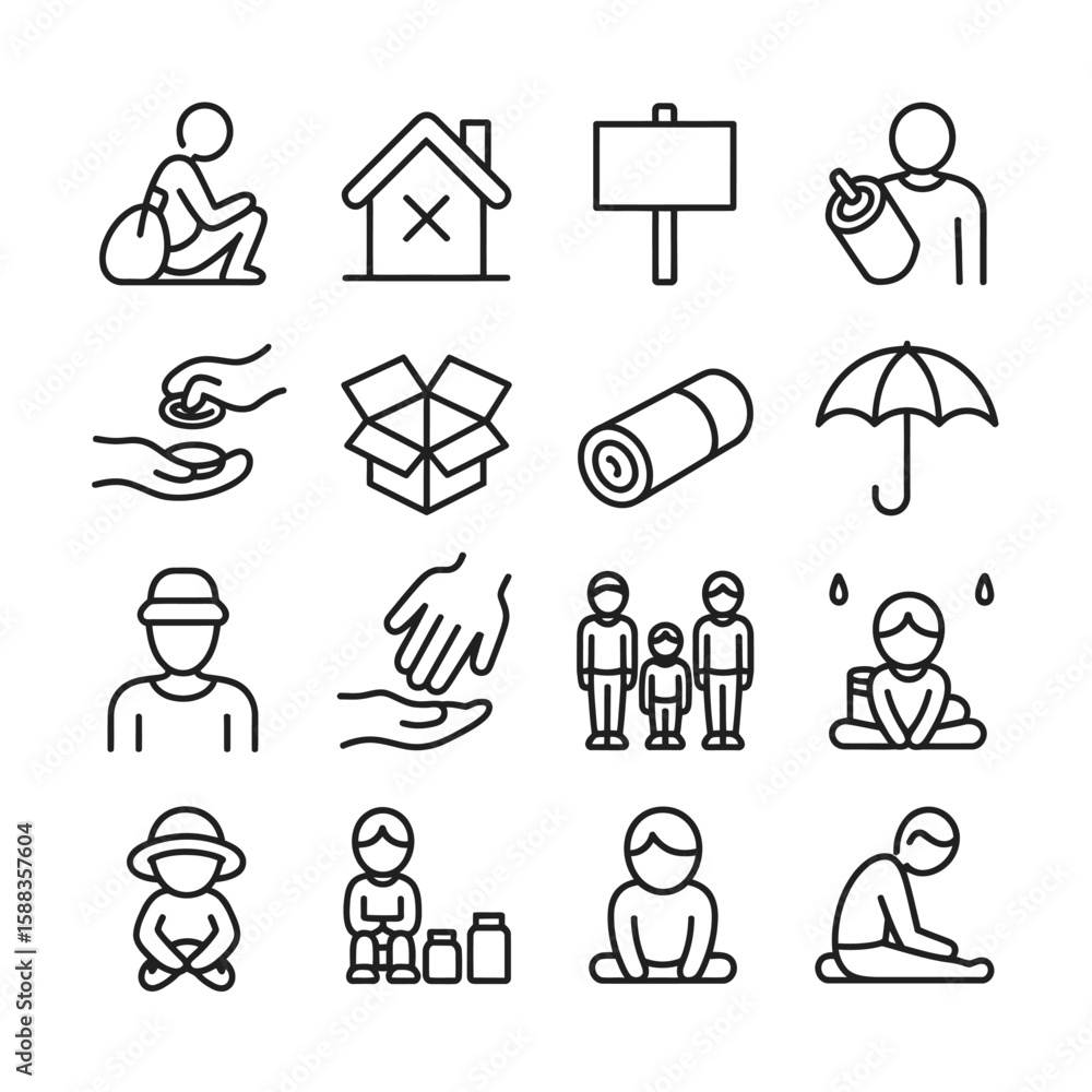 Collection of sixteen black linear icons depicting homelessness poverty and charity including figures sitting huddled hands offering coins open box sleeping bag umbrella family Collection of sixteen black linear icons depicting homelessness poverty and charity including figures sitting huddled hands offering coins open box sleeping bag umbrella family