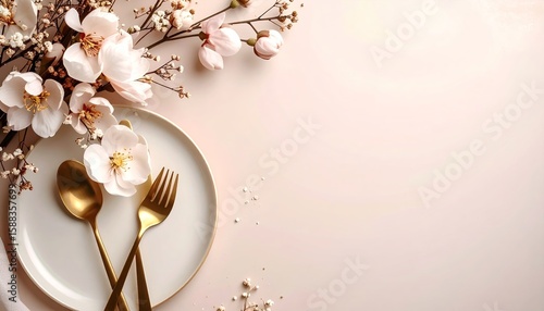 Elegant Dining Presentation with Blossoms and Golden Cutlery Flat Lay