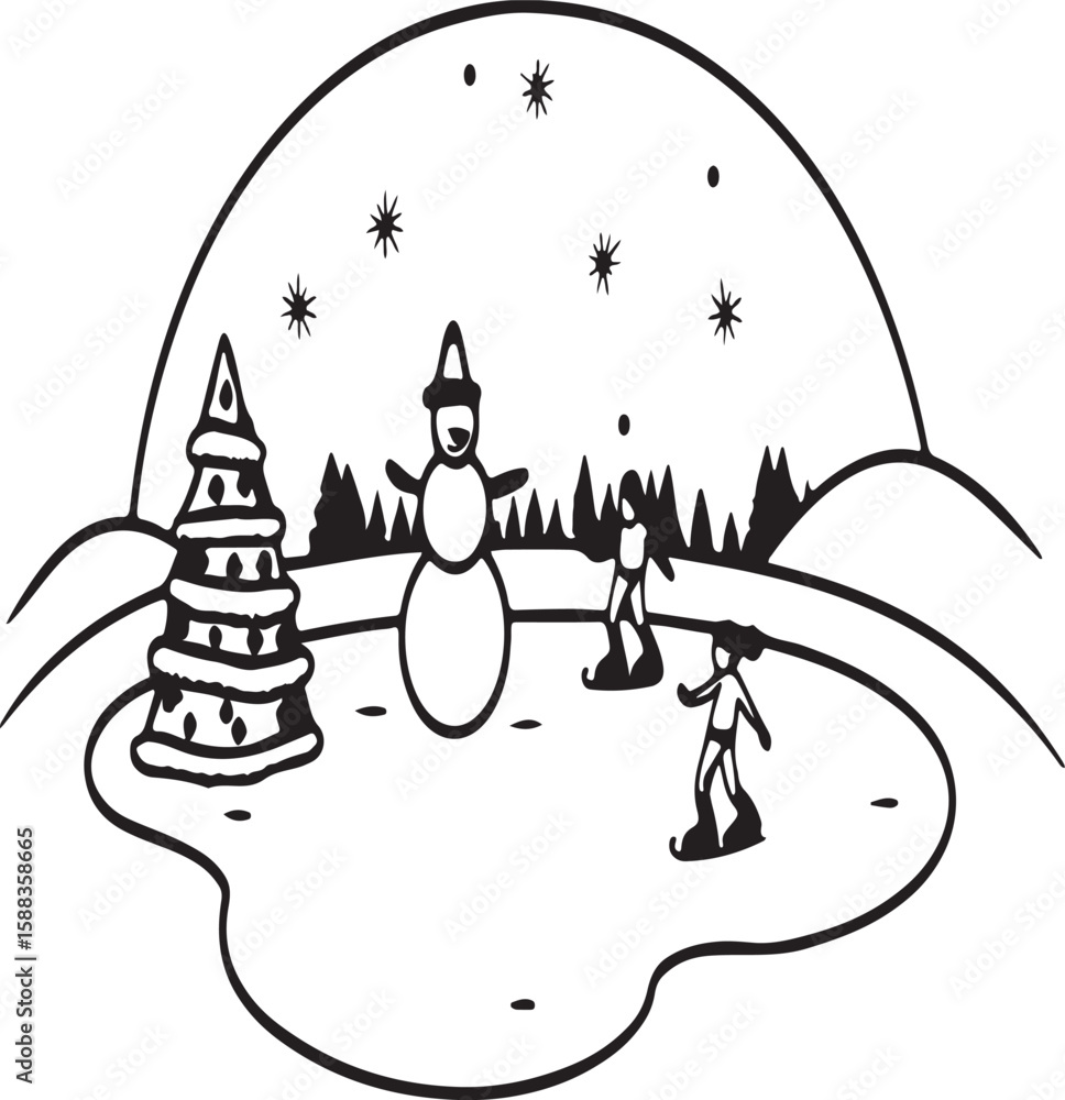 Fototapeta premium Here's a festive holiday illustration: a cartoon Santa Claus on a sledge with reindeer and a snowman under a snowy night sky with stars, perfect for a Christmas or New Year's card