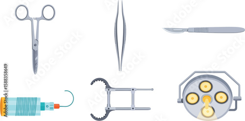 Assorted medical instruments, including forceps, scissors, a scalpel, a surgical lamp, and a syringe.