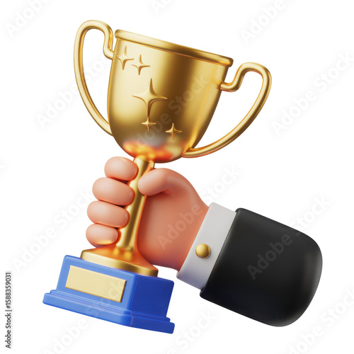 Cartoon hand in a suit holding a golden trophy with stars and a blue base isolated transparent background