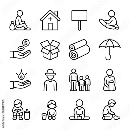 Collection of sixteen black linear icons depicting homelessness poverty charity donation aid and family concepts including figures of people sitting children a house a sign a