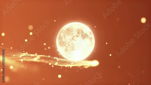 Elegant minimalist animation of a glowing full moon surrounded by swirling golden light trails and particles, smooth orange-pink gradient background