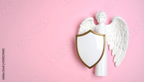 Elegant guardian angel with a shield on a soft pink background evokes protection