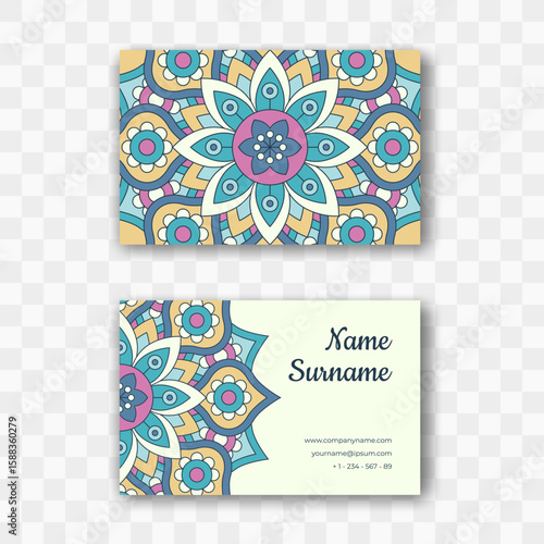 Vector business card design in oriental style. Round mandala layout, Islam, Arabic, Indian motifs. Vintage visiting card for employees of yoga studios, tattoo parlors, beauty clinics, massage rooms