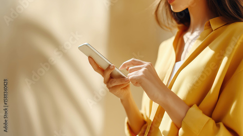 노란 옷을 입은 여성이 스마트폰을 사용하는 클로즈업
