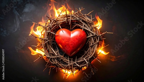Dramatic representation of the Sacred Heart surrounded by thorns and flames on an abstract dark background emphasizing faith