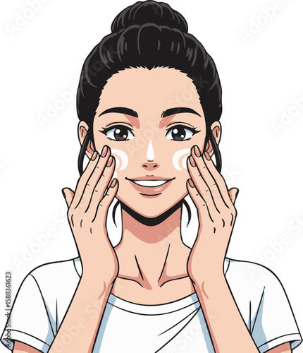 日差しから肌を守る：日焼け止めを塗る若い女性のアニメイラスト