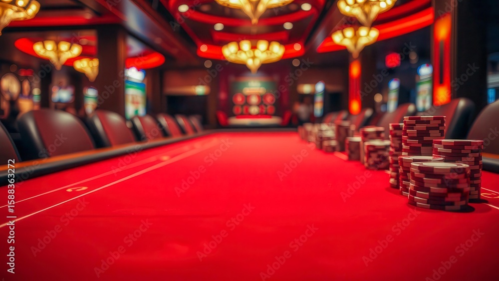 Fototapeta premium A velvet red table with scattered chips conveys the excitement and tension of a casino. Blurred background. Space for text. High-stakes atmosphere. Suitable for advertising.