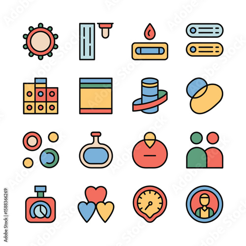 Colorful Collection of Sixteen Diverse Flat Style Icons Featuring Medical Test Results Blood Sample Virus Cell Group People Stopwatch Perfume Bottle Hearts Speedometer and More