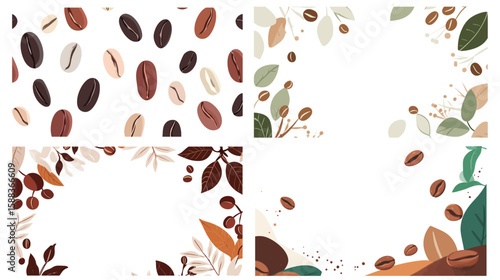 Vector graphic design of coffee beans background with seamless pattern, simple monochrome style illustration featuring scattered coffee beans, ideal for coffee shop branding, packaging, food industry,