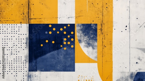 Geometric patterns in mustard yellow and navy blue with grunge texture