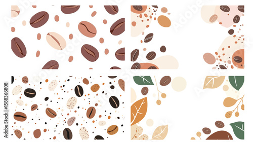 Vector graphic design of coffee beans background with seamless pattern, simple monochrome style illustration featuring scattered coffee beans, ideal for coffee shop branding, packaging, food industry,