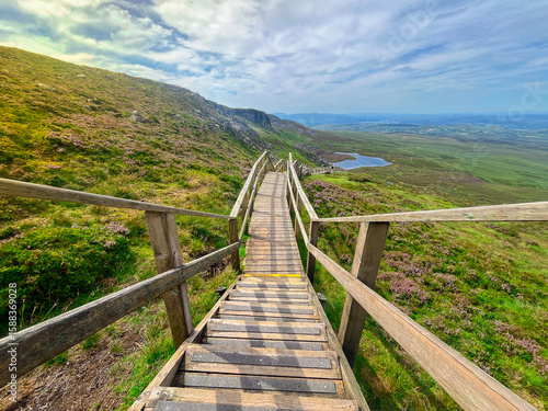 Cuilcagh boardwalk trail, Stairway to Heaven, County Fermanagh with scenic hills and lake view
