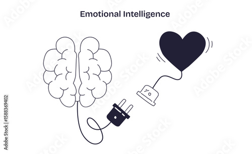 Emotional Intelligence shows a brain and heart connected by a power plug, symbolizing the link between emotion and logic, transparent background. Doodle style diagram