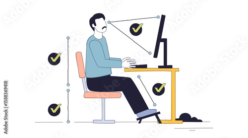 Ergonomics for remote work shows a person at a desk with correct posture, monitor height, and footrest for healthy workspace, transparent background.
