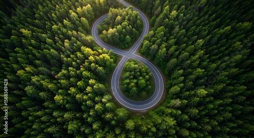 Aerial view of winding road through lush green forest resembling an infinity symbol