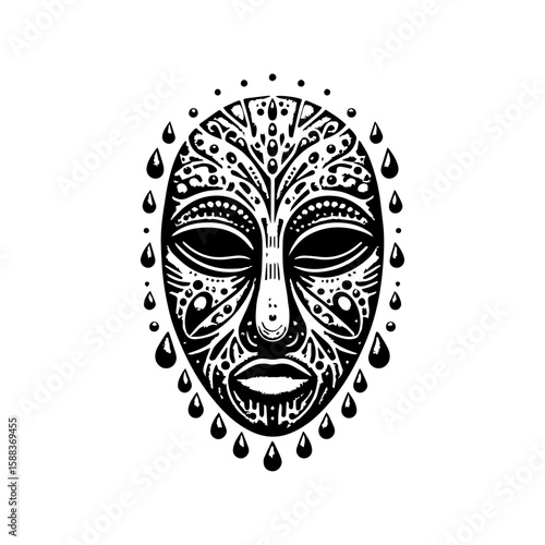 A tribal mask for rain, featuring dotted textures or raindrop forms