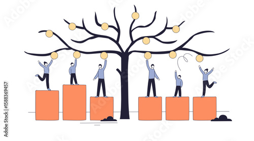Health equity is shown by people of different heights reaching fruit on a tree with equal help from blocks, transparent background.Key objects, tree, people, blocks.