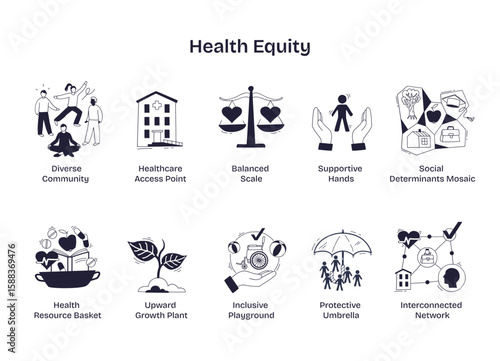 Health equity highlights diverse communities, balanced scales, and interconnected networks, symbolizing equal healthcare access and support, transparent background.