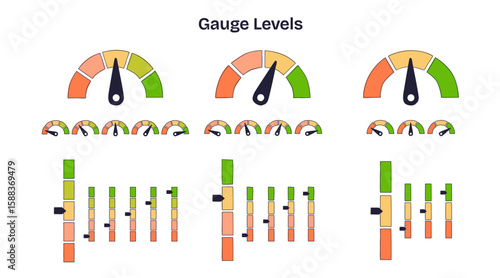 Gauge levels illustration shows meters, sliders, and dials indicating measurement and progress in a playful, hand-drawn look, transparent background.