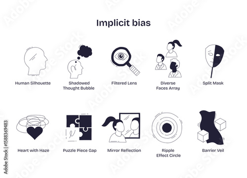 Implicit bias is shown through symbols like human silhouettes, masks, and puzzle pieces, illustrating hidden prejudices and perception gaps, transparent background.