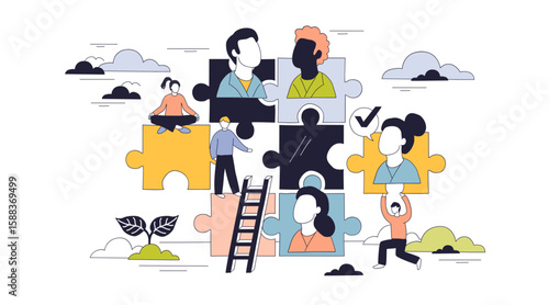 Human management is illustrated by people connecting puzzle pieces, symbolizing teamwork, collaboration, and organization, transparent background.