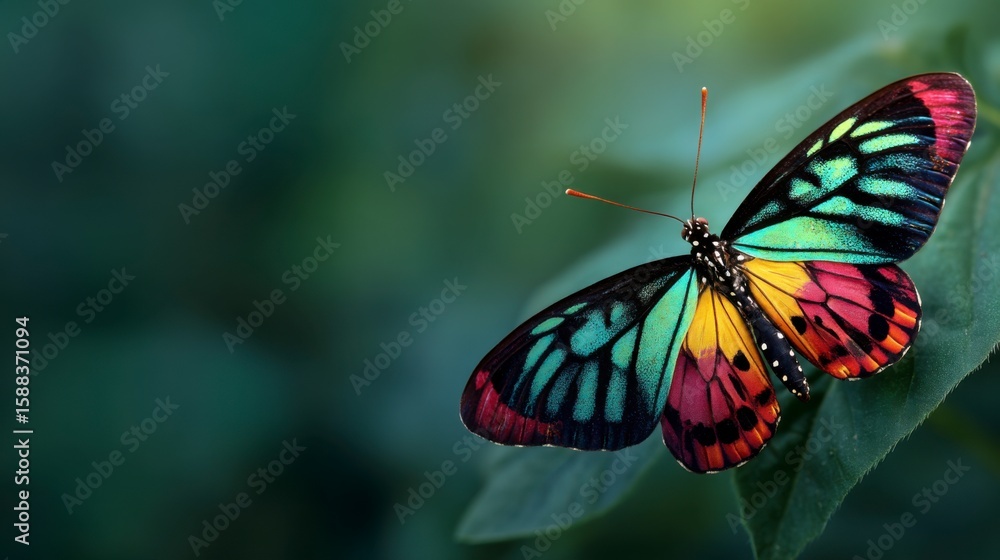 Fototapeta premium Colorful Insect Resting Green Leaf Blurred Background